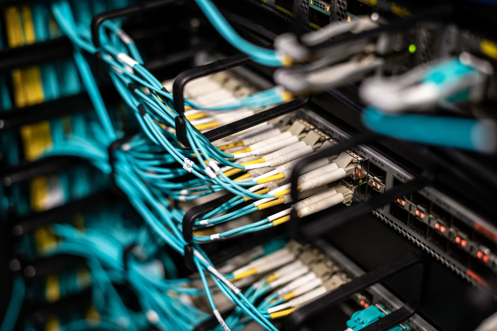 Turquoise fiber optic cables plugged into a patch panel in a server rack, with small status lights glowing