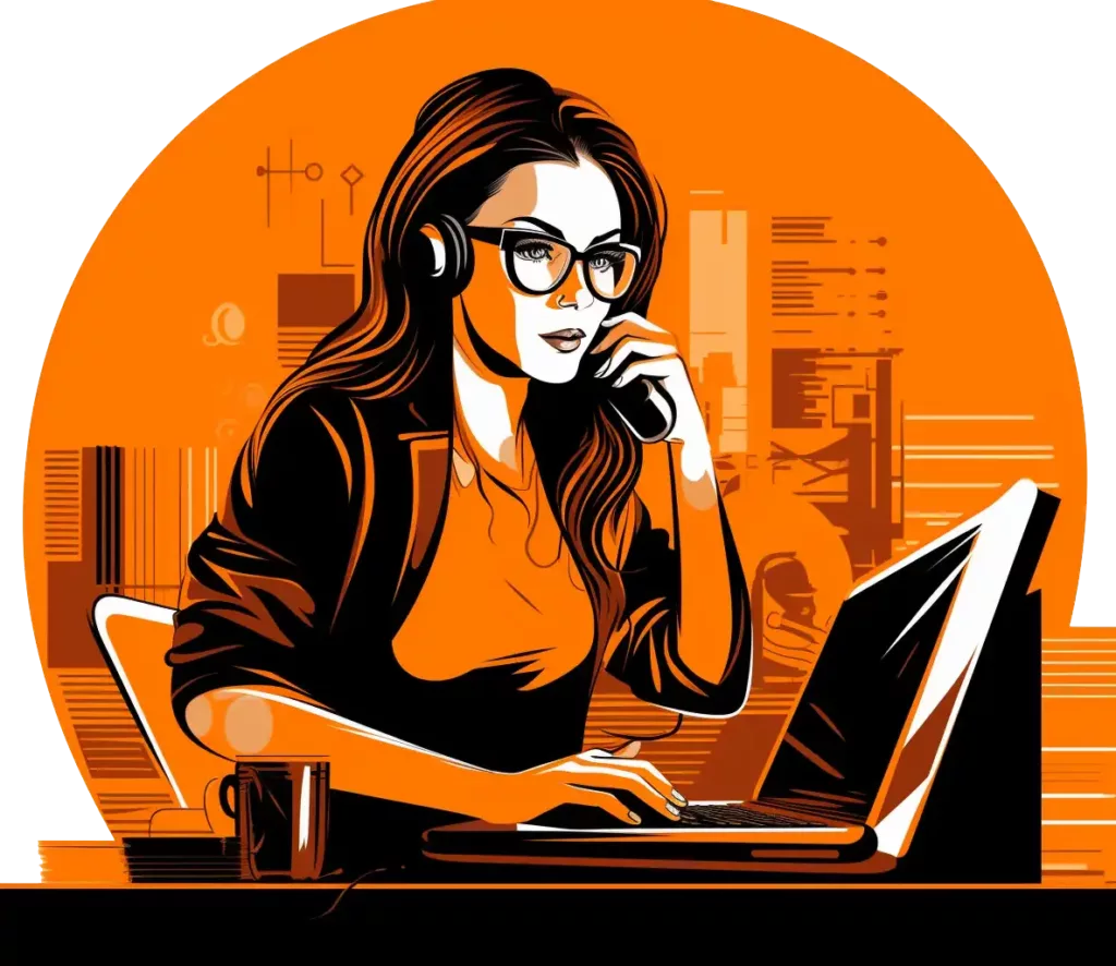 Illustration of young woman on a call at her laptop with an orange circle background