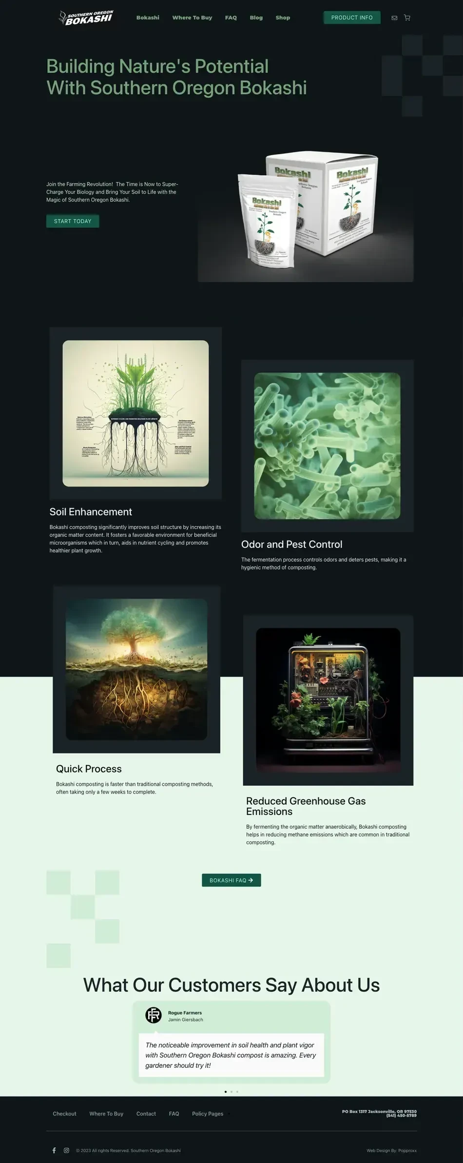 Southern Oregon Bokashi dark-theme e-commerce homepage.