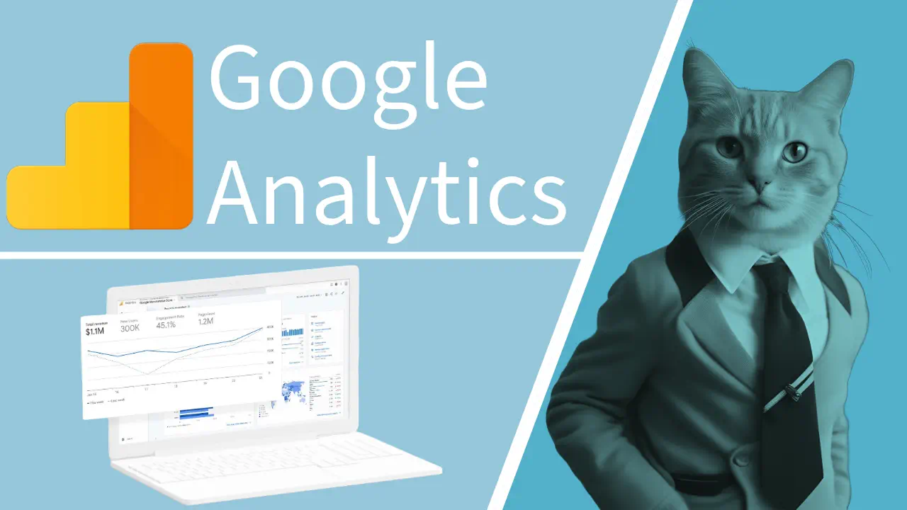 Cat in suit with Google Analytics imagery.