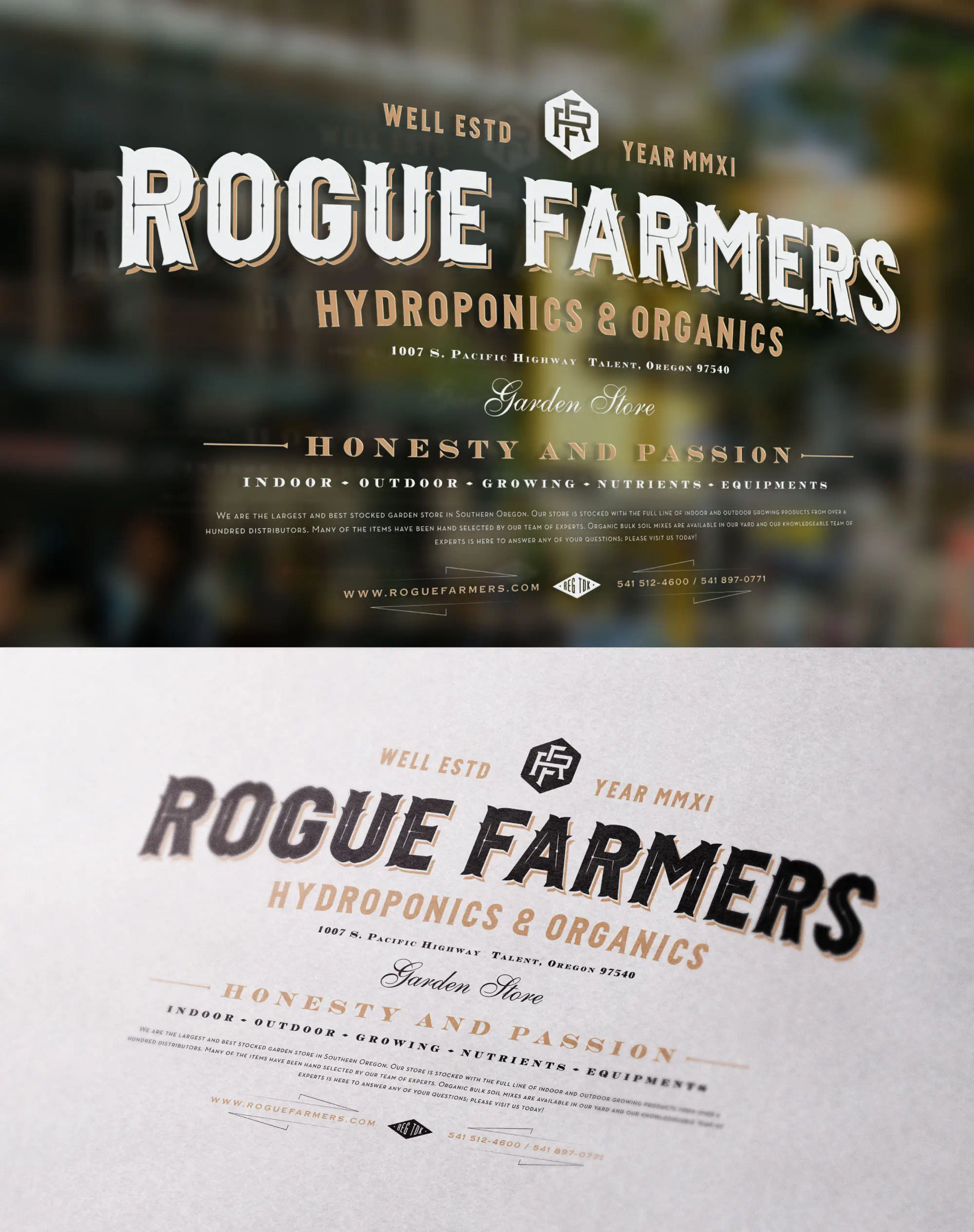 Rogue Farmers hydroponics and organics store signage.
