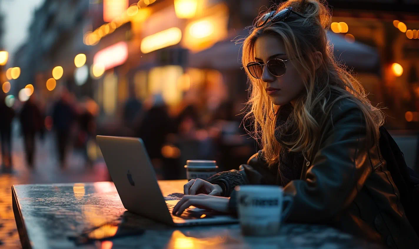 Woman working on laptop at outdoor cafe evening.