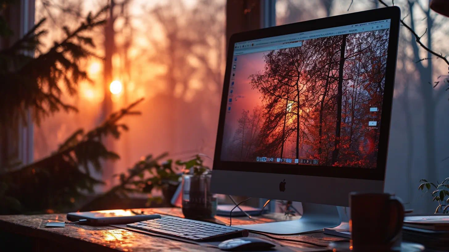 Computer on desk displaying sunset through window.