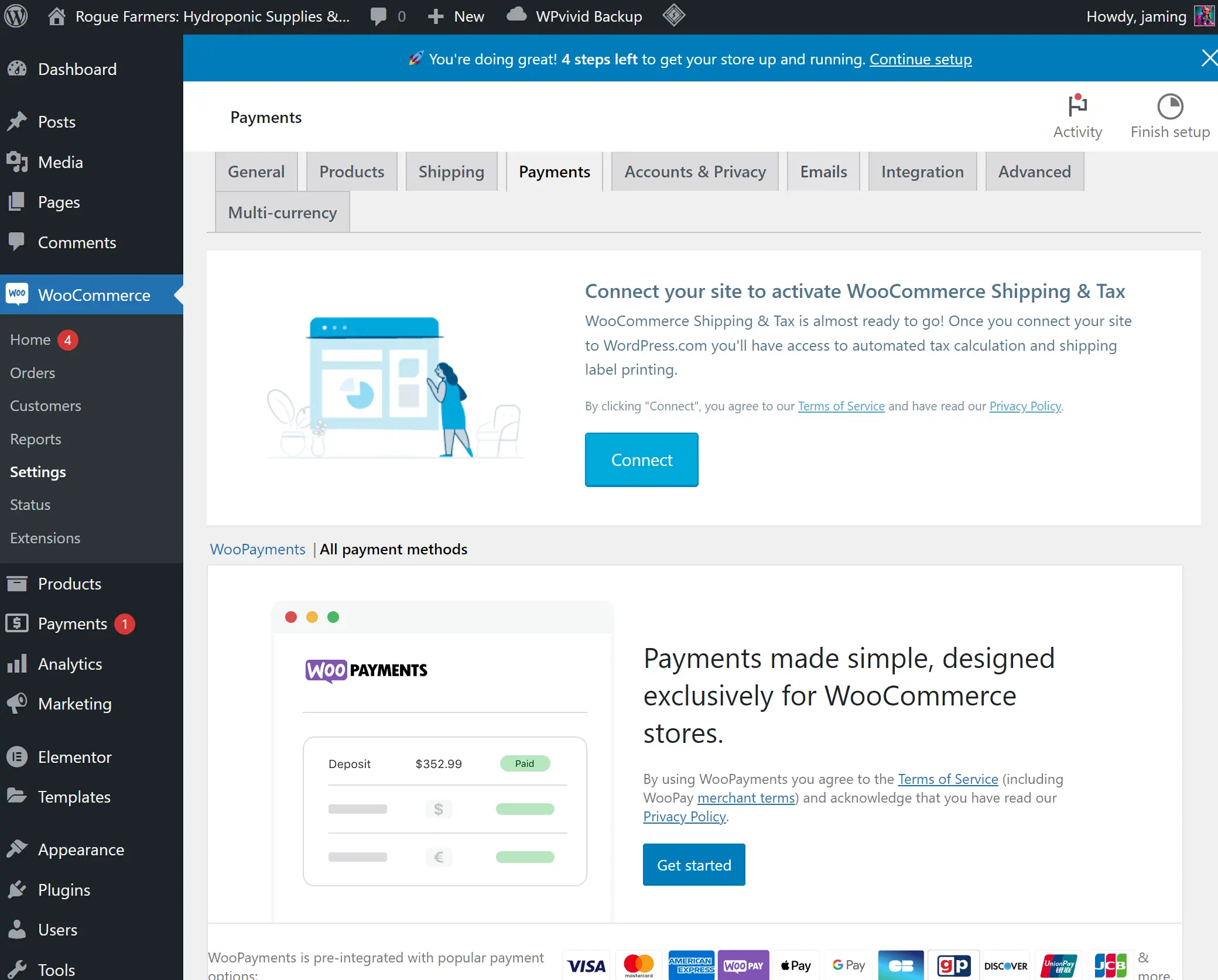 WooCommerce Payments setup screen in WordPress dashboard.
