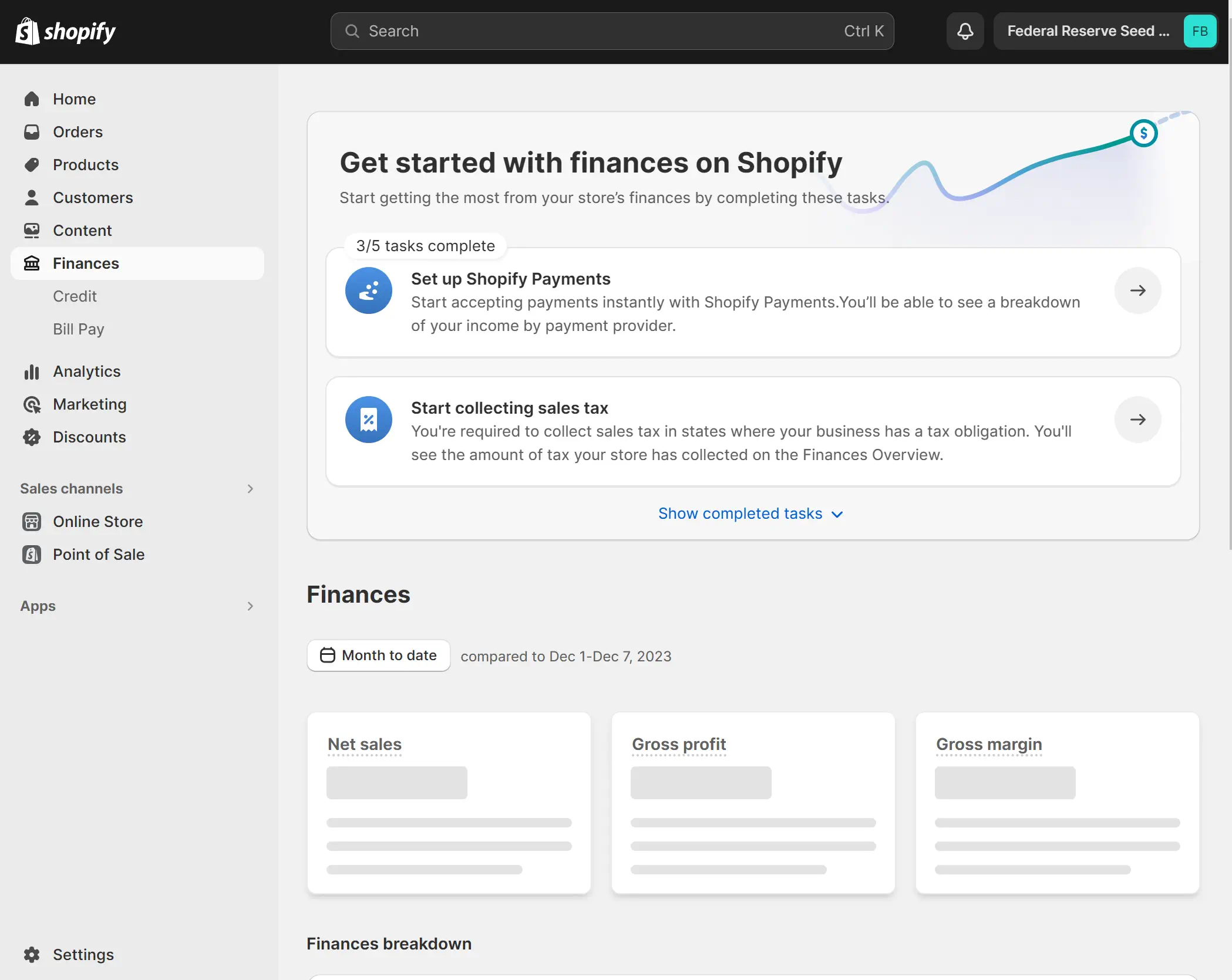 Shopify dashboard displaying financial tasks and sales overview.