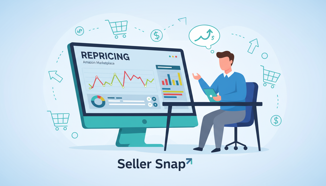A flat vector graphic depicting the concept of "repricing" in the Amazon marketplace. In the foreground, a stylized illustration of a computer screen displaying a dashboard with graphs and charts showing fluctuating prices, emphasizing the dynamic nature of repricing. The middle ground features a professional businessperson in smart casual attire analyzing the data, focused on maximizing profits, with thoughtful expressions. In the background, abstract representations of shopping carts and dollar signs float, symbolizing commerce and financial growth. The color palette is vibrant, with shades of blue and green to convey trust and efficiency, bathed in soft, even lighting. The brand name "Seller Snap" is prominently and elegantly integrated into the design. The overall mood is proactive and optimistic, illustrating the possibilities of effective repricing strategies.