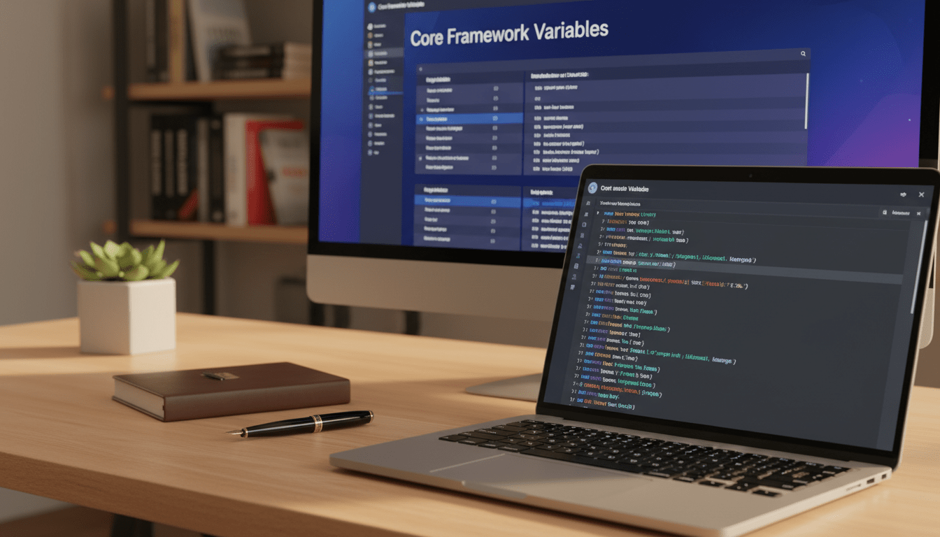 A modern, sleek workspace featuring a digital interface on a computer screen displaying "Core Framework Variables" in a clean, organized layout. The foreground shows a close-up of a stylish laptop with soft ambient lighting reflecting off the screen, highlighting colorful utility classes and variable names in an elegant font. In the middle, a minimalist desk with a potted plant and a notebook adds a touch of nature to the techy environment. The background reveals blurred shelves filled with coding books, enhancing the professional atmosphere. The image conveys a sense of innovation and efficiency, with warm lighting to create a welcoming feel, shot from a slightly elevated angle to capture the essence of a productive work environment.