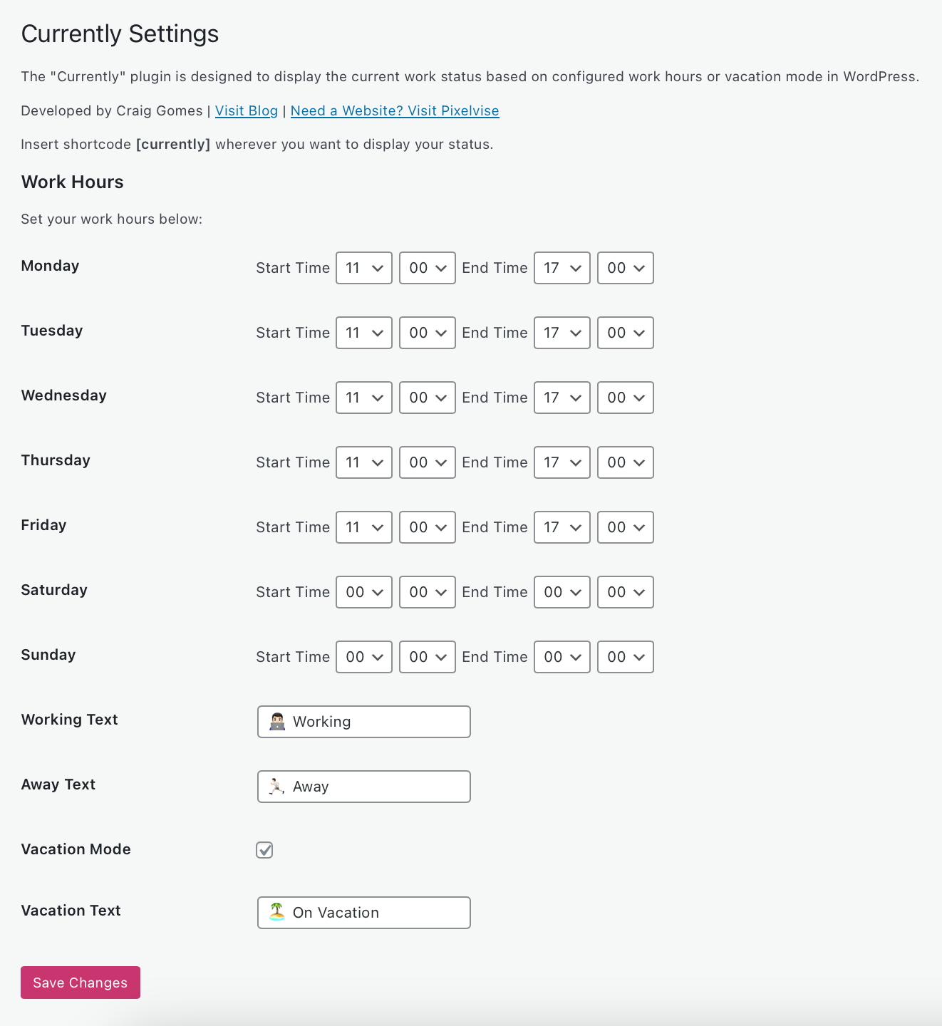 WordPress plugin settings page for work hours configuration.