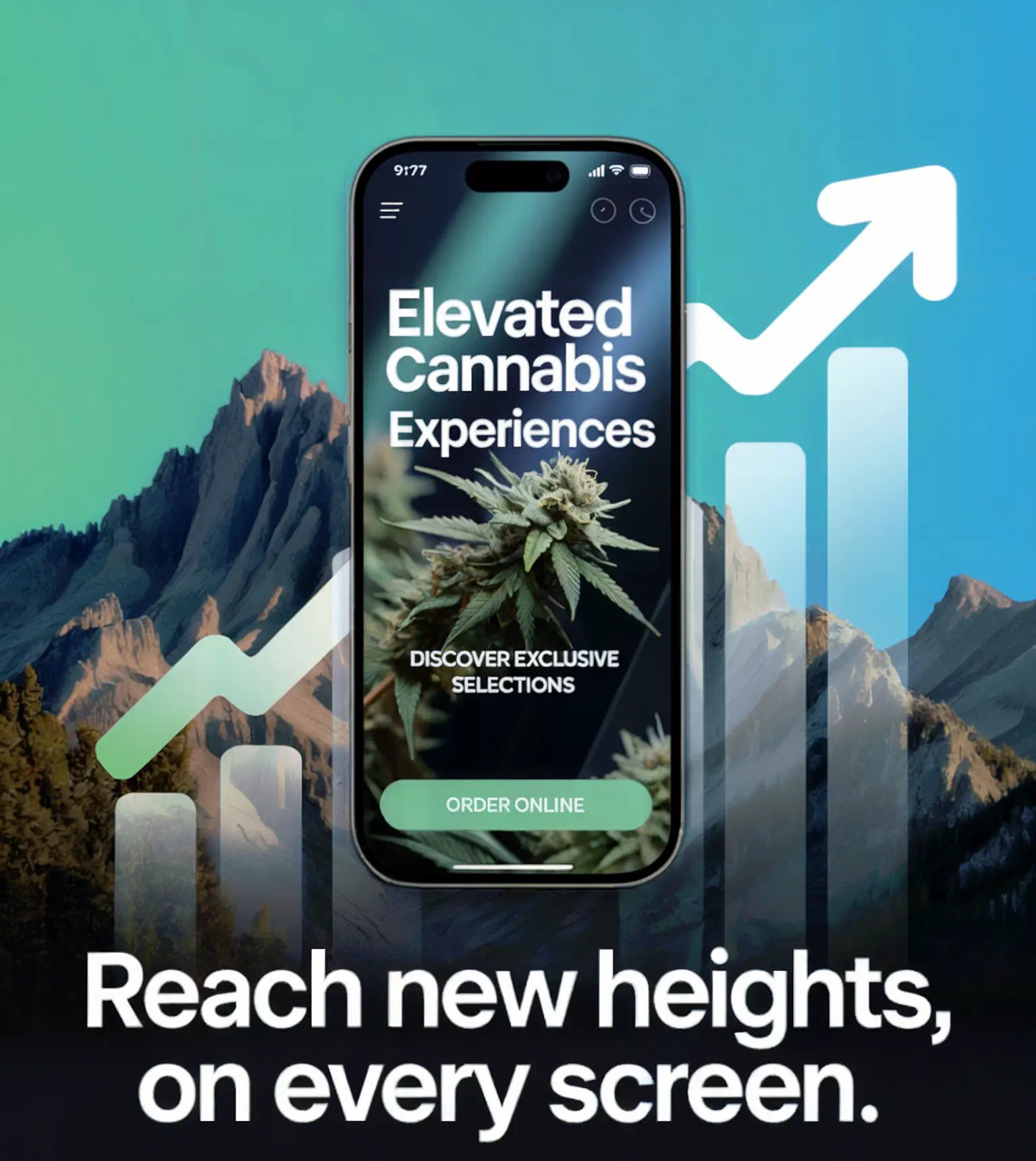 Elevated cannabis experiences on mobile screen with mountains.