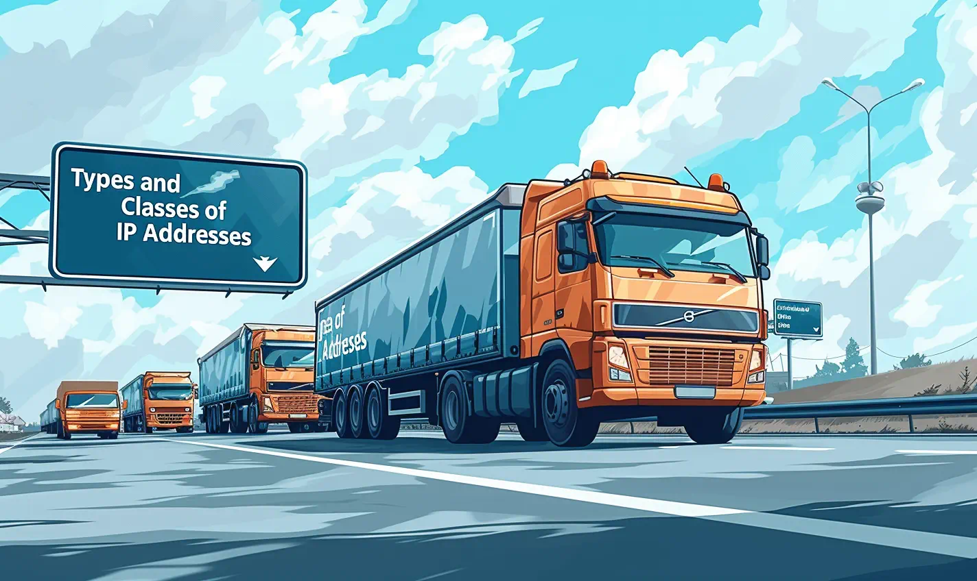 Illustration of trucks and IP addresses sign on highway.