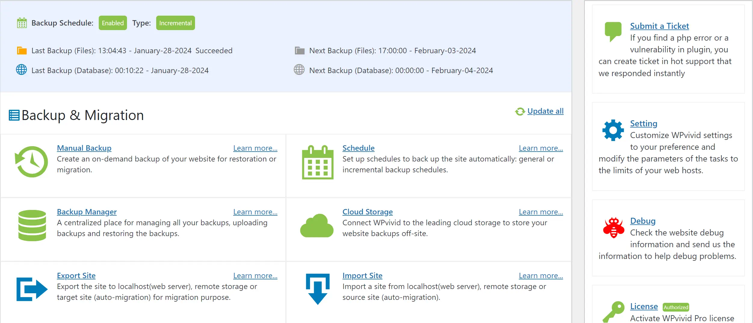 Web backup and migration interface with options and settings.