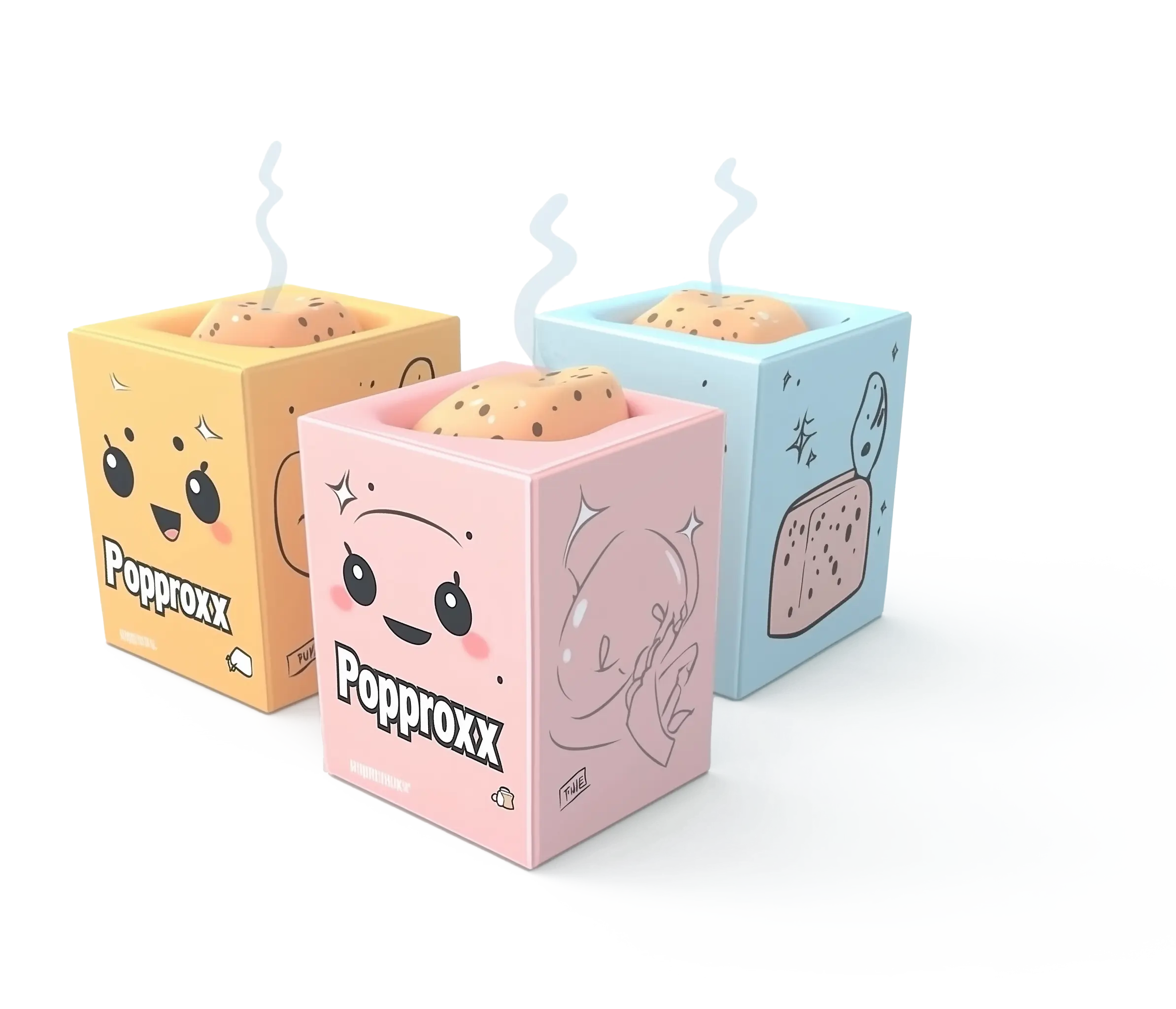 Cute cartoon toaster box characters with steam.