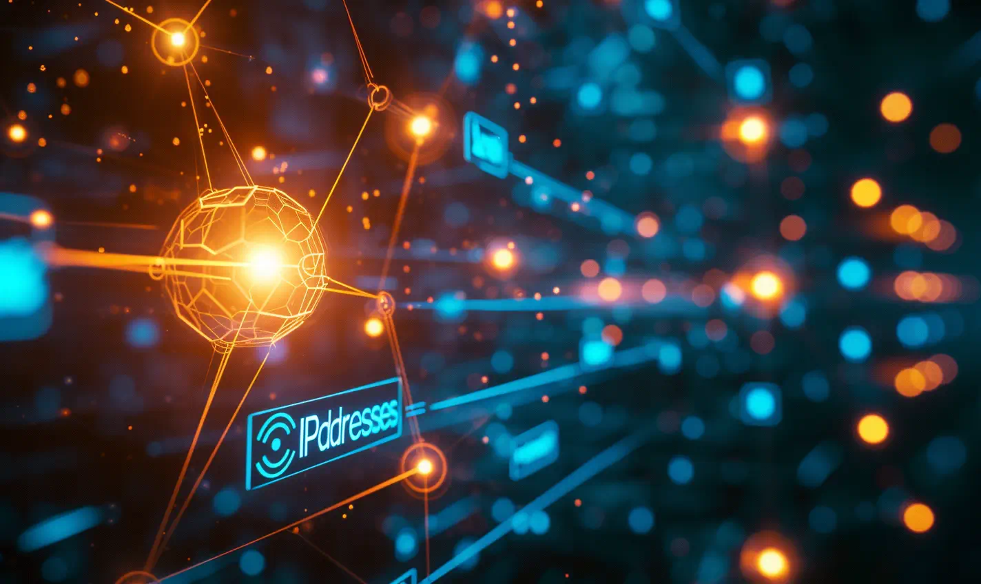 Abstract network connections with digital nodes and IP addresses.